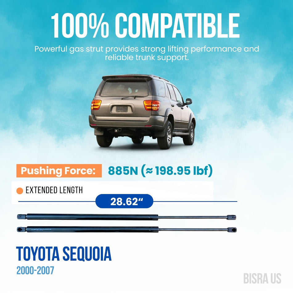 BISRA Trunk Gas Strut Compatible with Toyota Sequoia 2000-2007 Rear Hatch Struts, 885N (198.95 lbf), 28.62 in (727 mm) Extended Length, Set of 2