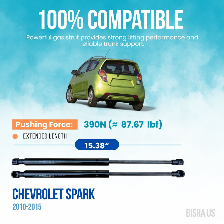 BISRA Trunk Gas Strut compatible with Chevrolet Spark 2010-2015 Rear Hatch Struts Set of Two 390N (87.67 lbf) Extended Length 15.38 in (390.65 mm)