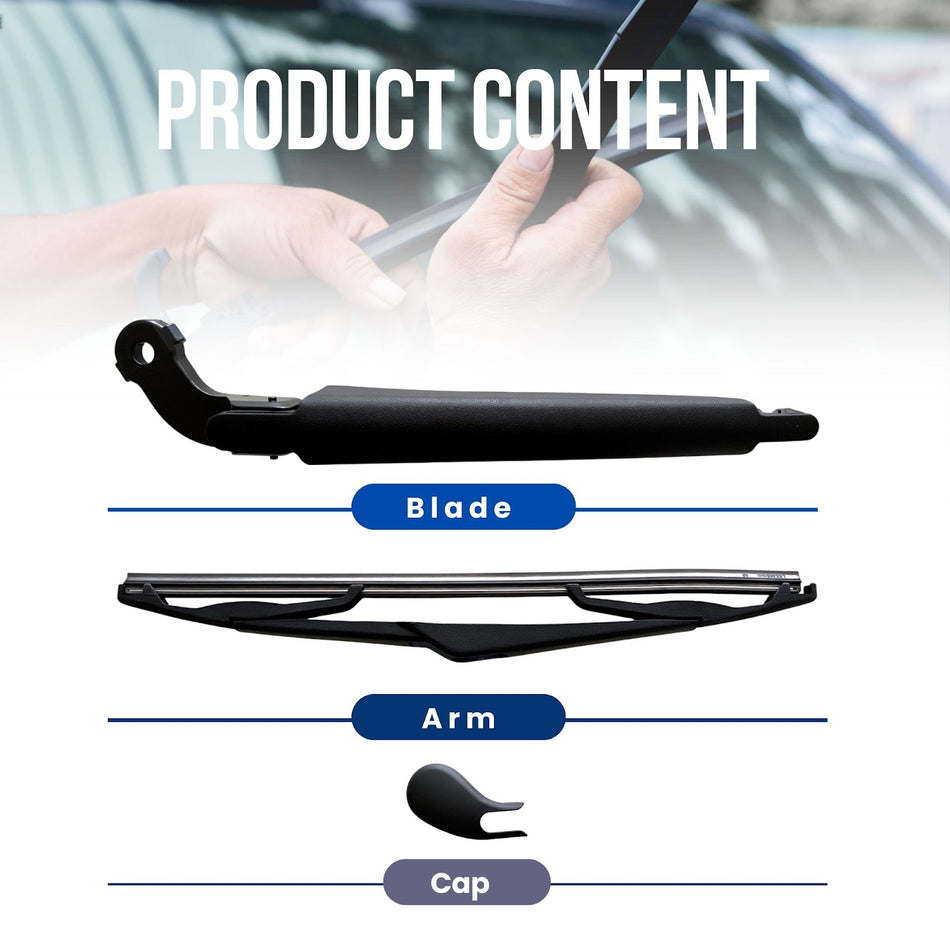 MAXTEL Rear Wiper Arm Blade & Cap Set Compatible with Ford Focus HB Hatchback 2012-2018, 12 inch (305 mm) Black, 100% Compatible, Noise-Free, 1-Year Manufacturer Warranty