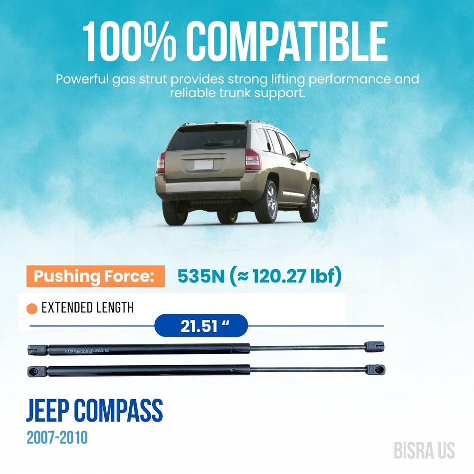 BISRA Trunk Gas Strut Compatible with Jeep Compass 2007-2010 Rear Hatch Struts, 2-Piece Set, 535N, Extended Length 21.51 in (546.35 mm)