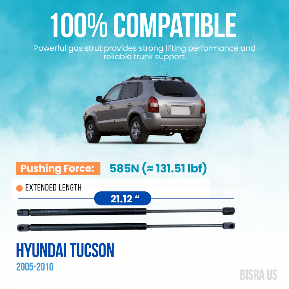 BISRA Trunk Gas Strut, compatible with Hyundai Tucson 2005-2010, 2-Piece Set Rear Hatch Struts, 585N (131.51 lbf) Pushing Force, 21.12 in (536.45 mm) Extended Length