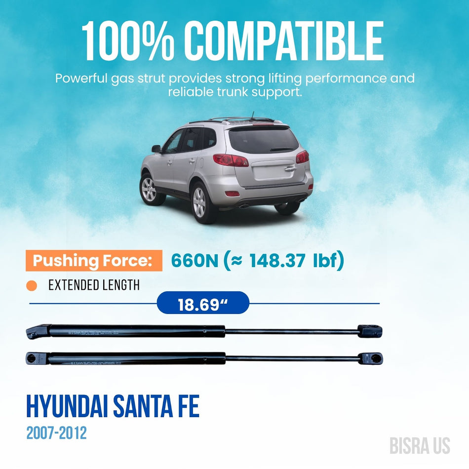 BISRA Trunk Gas Strut Compatible with Hyundai Santa Fe 2007-2012, Set of 2 Rear Hatch Struts, 660N (148.37 lbf), 18.69 in (474.73 mm)