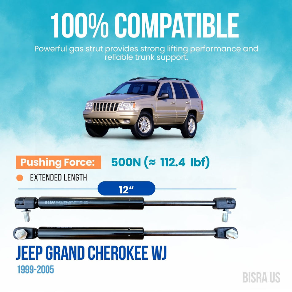 BISRA Front Hood Gas Struts compatible with Jeep Grand Cherokee WJ 1999-2005, 500N (112.4 lbf) Pushing Force, 12 in (304.8 mm) Extended Length, Set of Two
