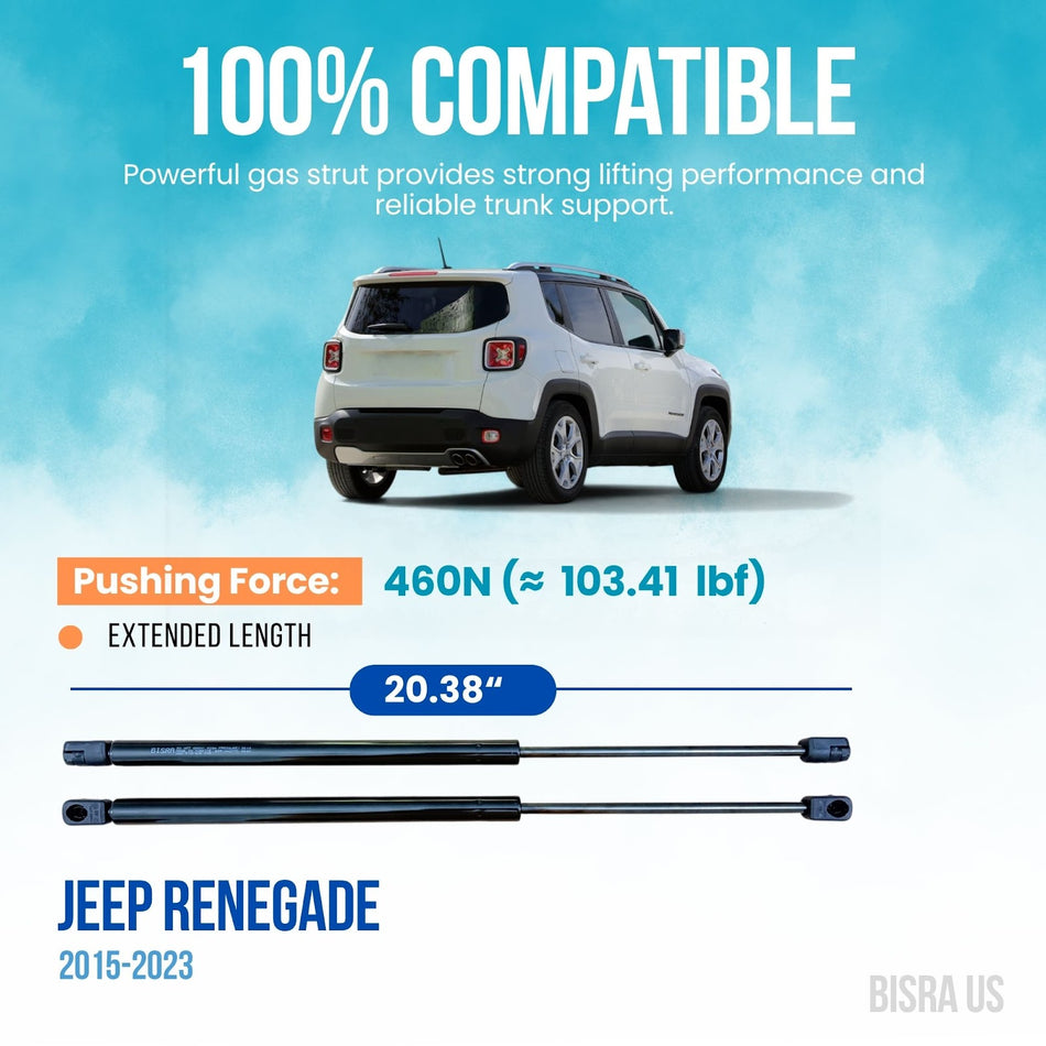 BISRA Trunk Gas Struts compatible with Jeep Renegade 2015-2023 Rear Hatch Struts, 460N (103.41 lbf) Pushing Force, Extended Length 20.38 in (517.65 mm), Set of 2